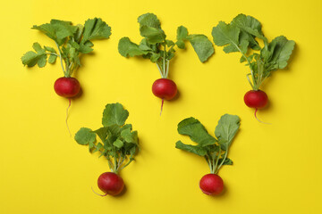 Five radishes with leaves on yellow background