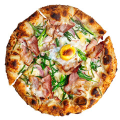 Isolated fresh baked carbonara pizza with ham and egg