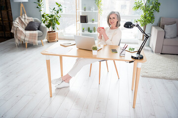 Full body photo of happy nice pretty old woman sit table businesswoman hold cup coffee indoors inside house home