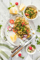 Scrambled Tofu crispy Toast , tomato salad. Vegan vegetarian, plant based food