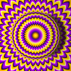 Yellow and purple growing sphere. Optical expansion illusion.