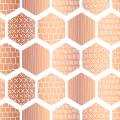 Copper hexagon seamless vector pattern. Metallic rose gold foil abstract geometric honeycomb shapes with hand drawn doodle texture. Repeating modern background for fabric, wallpaper, wrapping.