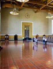 Famous Los Angeles sightseeing city skyline landmark Union train station in Art Deco and spanish...