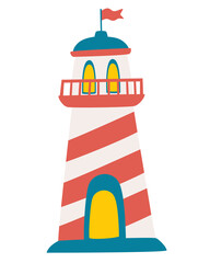 Obraz na płótnie Canvas Cute lighthouse icon. Searchlight towers for marine navigation guidance. Nursery art. Cartoon hand drawn illustration isolated on white background in a flat style.