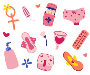Female hygiene product items. Menstrual period. Set of hand drawn images: menstrual cups, tampon, contraceptives, pads, panties, hearts. Vector illustration items for menstruation isolated.