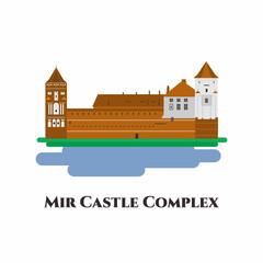 Mir Castle flat icon. The Mir Castle Complex is a historic fortified castle and a UNESCO World Heritage site in Belarus. Magnificent place and definitely worth visiting. Vector illustration - obrazy, fototapety, plakaty