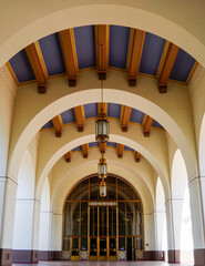 Famous Los Angeles sightseeing city skyline landmark Union train station in Art Deco and spanish...