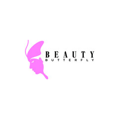 female face and beautiful pink butterfly logo vector illustration