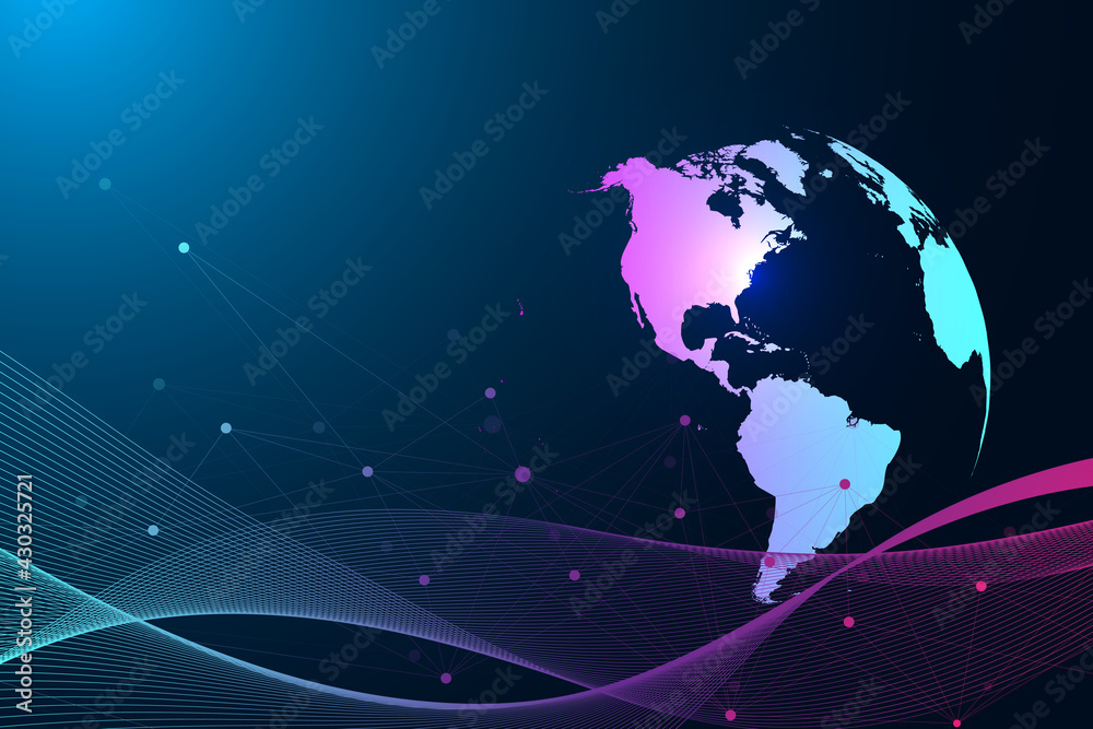 Aufkleber Virtual Graphic Abstract Background Communication with World Globe. Perspective backdrop of depth. Digital data visualization, illustration