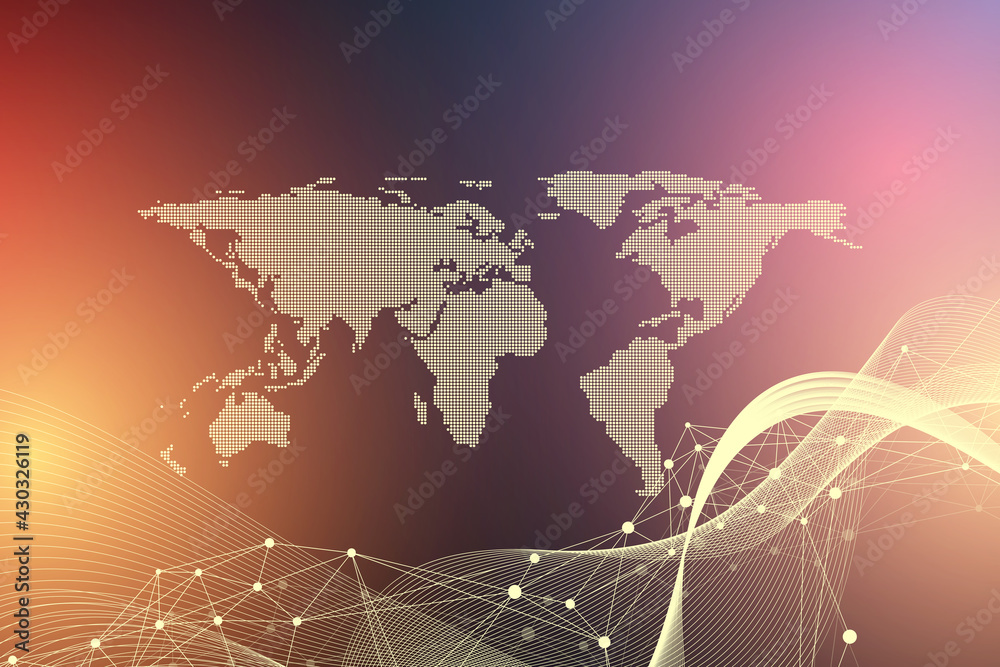 Poster World map global technology networking concept. Digital data visualization. Lines plexus. Big Data background communication. Scientific illustration.