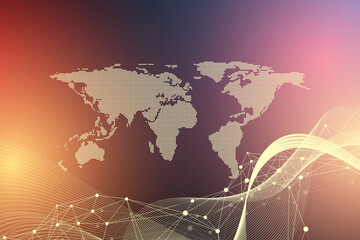 World map global technology networking concept. Digital data visualization. Lines plexus. Big Data background communication. Scientific illustration.