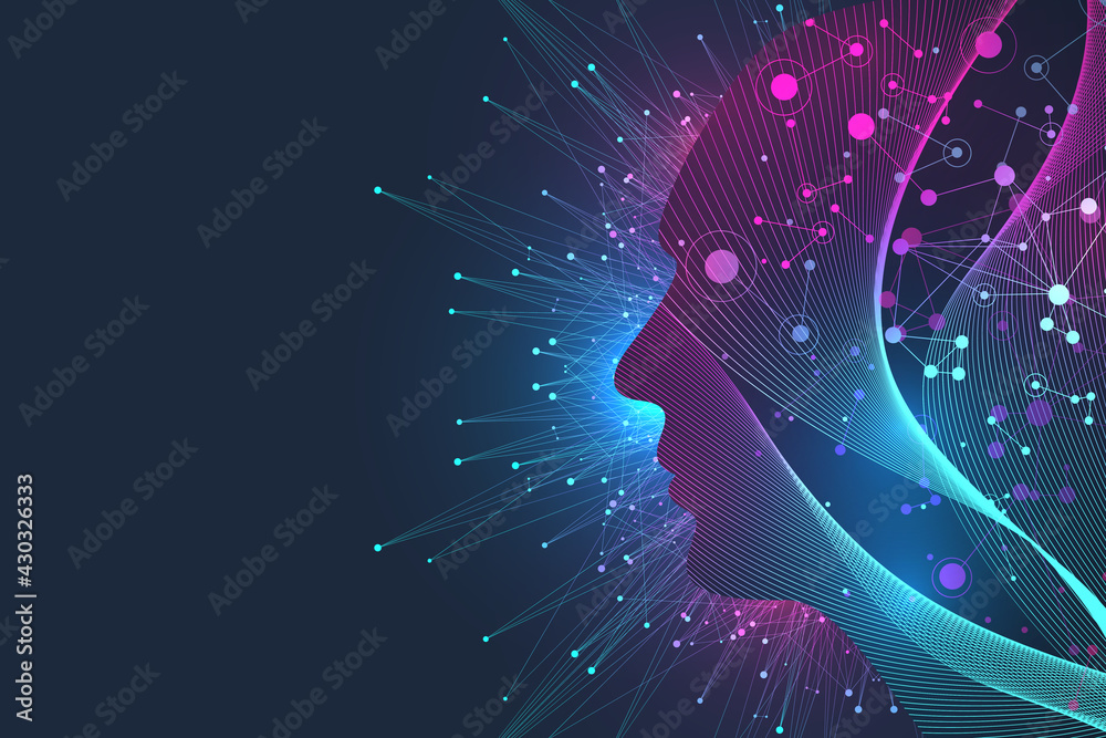 Poster Futuristic Artificial Intelligence and Machine Learning Concept. Human Big Data Visualization. Wave Flow Communication, Scientific illustration.