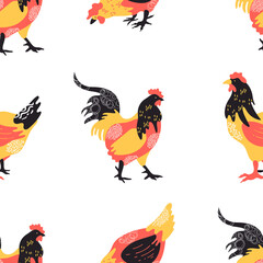 Seamless pattern with roosters and chickens. Agriculture.