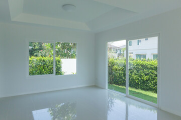 Empty room with glass window frame house interior on concrete wall