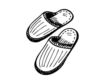 Sleeping slipper hand-drawn sketch. Home comfortable shoes pair black and white doodle. Two slippers vector isolated illustration