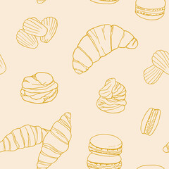 French cuisine transparent seamless pattern. Design sketch element for menu cafe, bistro, restaurant, bakery, packaging and other things.  Vector illustration.