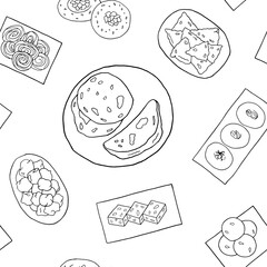 Indian cuisine transparent seamless pattern. Design sketch element for menu cafe, bistro, restaurant, bakery, packaging and other things.  Vector illustration.