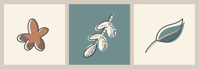 Collection of backgrounds with trending abstract vegetation. Vector leaves and flower in scandinavian minimal style. Modern primitive social media post design template.