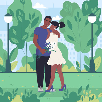 Young African American couple walking in a spring or summer city park on a date. Flat vector illustration.