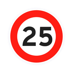 Speed limit 25 round road traffic icon sign flat style design vector illustration isolated on white background. Circle standard road sign with number 25 kmh. - obrazy, fototapety, plakaty