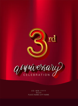 3rd Anniversary Invitation and Greeting Card Design, Golden and Silver Colored, Elegant Design, Isolated on Red Background. Vector illustration.