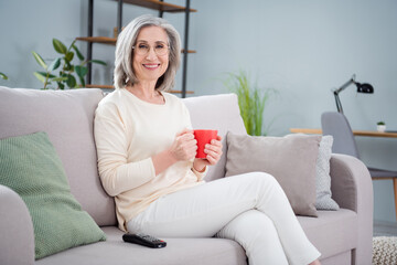 Portrait of attractive cheerful woman sitting on divan drinking latte cacao pastime at home house...