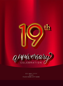 19th Anniversary Invitation and Greeting Card Design, Golden and Silver Colored, Elegant Design, Isolated on Red Background. Vector illustration.