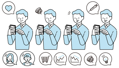 スマホで買い物やワクチンの予約をするシニア男性のイラスト