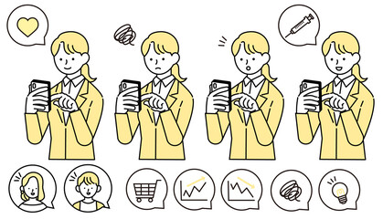 スマホで買い物やワクチンの予約をするスーツの女性のイラスト
