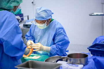 Close up of male orthopedic doctor And the assistant team is working Orthopedic doctors are doing foot and ankle surgery patients in the operating room at the hospital. Concept: medical