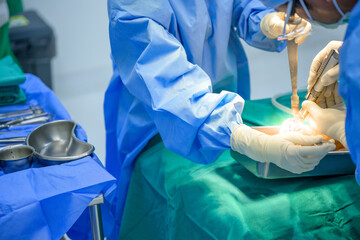 Close up of male orthopedic doctor And the assistant team is working Orthopedic doctors are doing foot and ankle surgery patients in the operating room at the hospital. Concept: medical