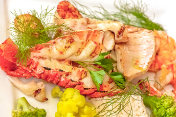 Poisson et langouste sur assiette 