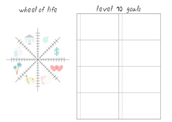 Vector illustration with Wheel of Life - diagram with blank lines to fill. Printable A4 paper sheet for coaching tool, bullet journal page, daily planner template, blank for notebook