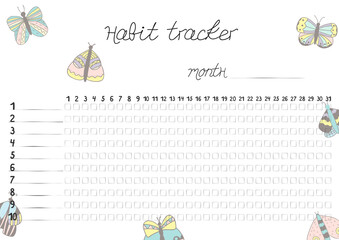 Printable A4 paper sheet with hand drawn flowers and lines for marks for fulfilled habits. Minimalist planner for  bullet journal page, habit tracker, daily planner template, blank for notebook.