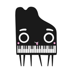 Vector illustration with cute funny black piano. Smiling music instrument with pink tongue and big eyes. Musical print design, concert cartoon style poster template