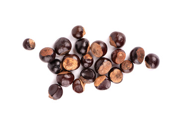 Guarana seed isolated on white background. Dietary supplement guarana, caffeine cource for energy drinks. Paullinia cupana. Top view.