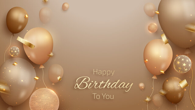Elegant balloons and ribbon on brown shade. Birthday card background 3d realistic luxury style. Illustration from vector about modern template design for happy and feeling glad sweet.