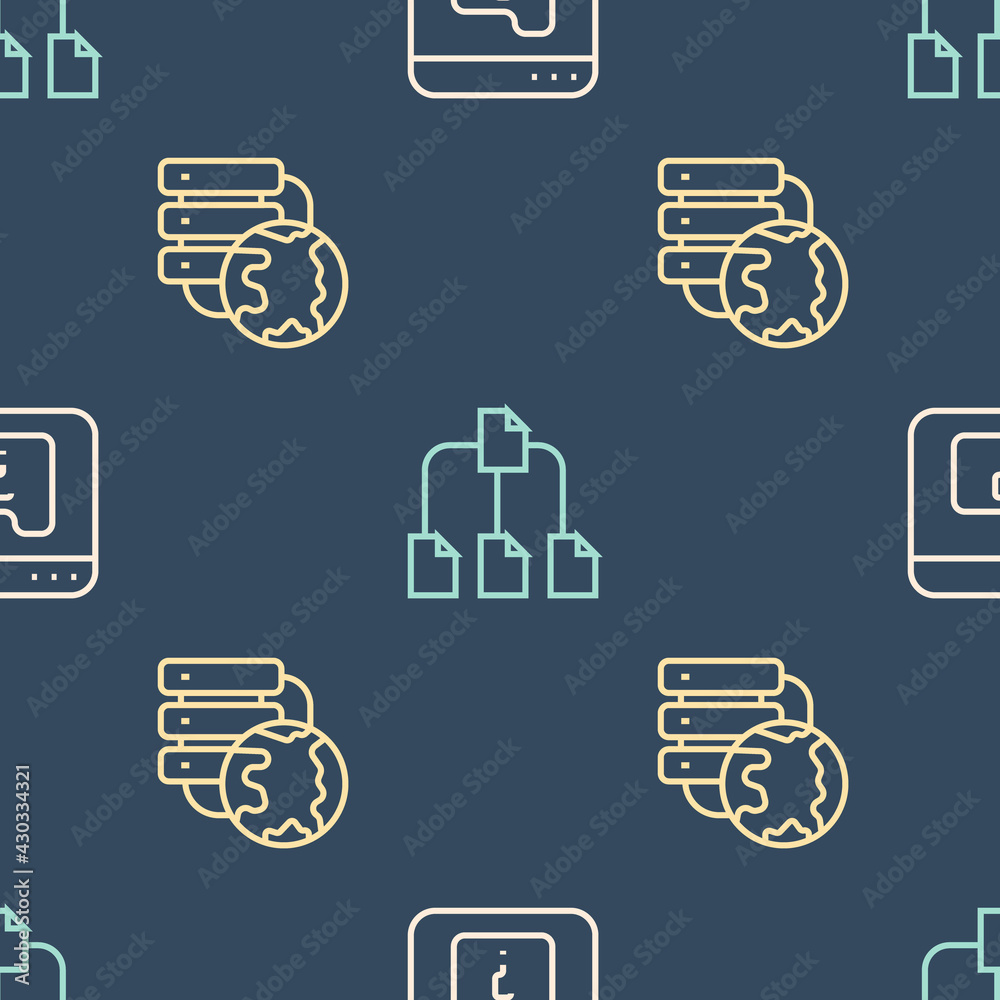 Aufkleber set line file missing, network cloud connection and folder tree on seamless pattern. vector