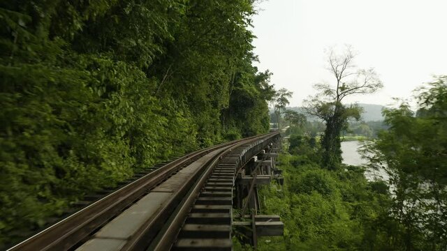 aerial drone video of the death railway in Kanchanaburi Thailand river kwai
