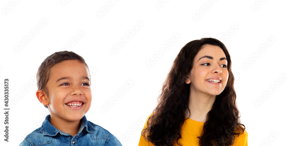 Wall mural Funny child with his higher sister