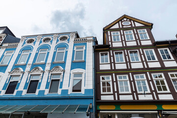 Facade of old classic buildings in Hamelin, Germany