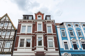 Facade of old classic buildings in Hamelin, Germany