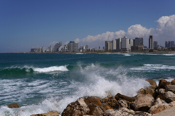 Beautiful shot of waves on the shore at Tel Aviv Jaffa, Israel