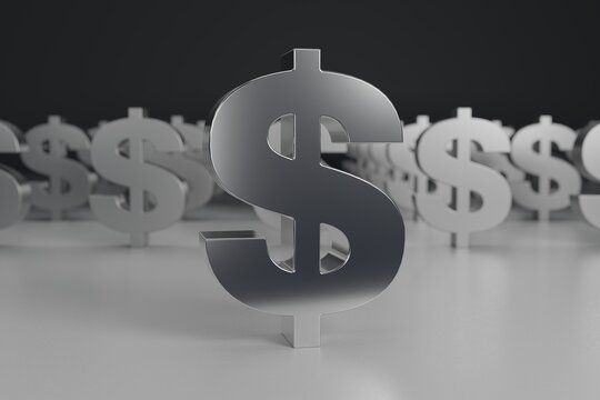 3D rendering of dominant American dollar symbol in front of other same symbols