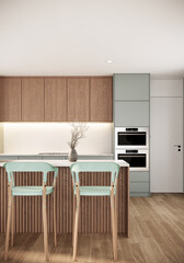 Japandi style kitchen interior with wooden furniture. modern scandinavian apartment design. 3d rendering vertical background