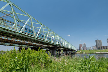 青空広がる初夏の荒川と川口市へと続く鉄橋の風景