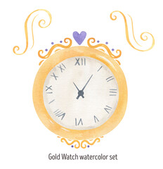 Elegant gold watch watercolor illustration. Fairy tale, Fairy-tale elements Cinderella