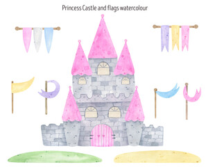 Fairy tale castle for a princess watercolor illustration. Character from a fairy tale. For greeting cards, invitations, decoration, Print for Baby Shower.