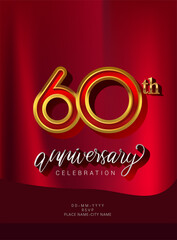 60th Anniversary Invitation and Greeting Card Design, Golden and Silver Colored, Elegant Design, Isolated on Red Background. Vector illustration.