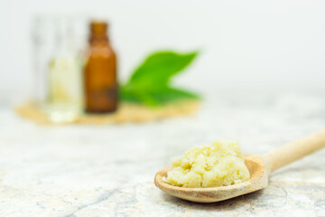 Shea butter on light background, unrefined, close up